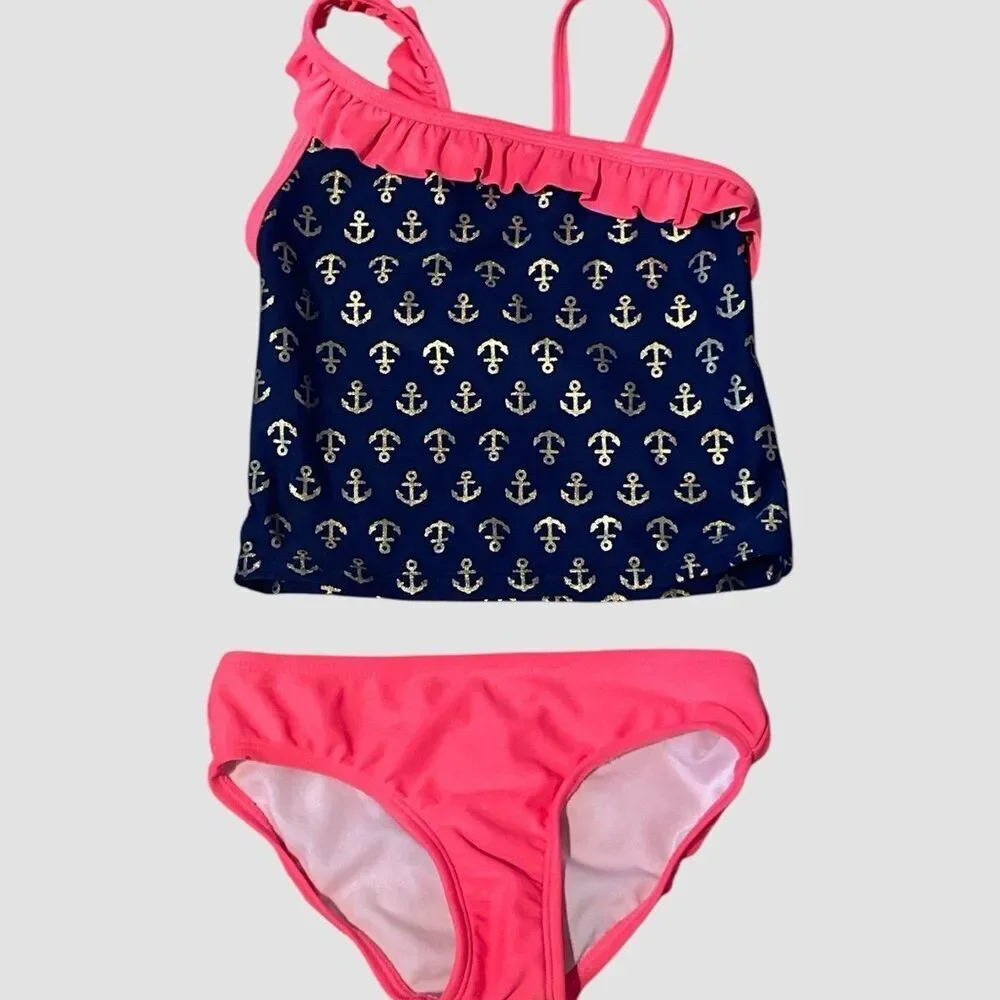 Girls Circo Navy Blue Nautical Print Tankini Swim Set Size XS 4/5 UPF 50+